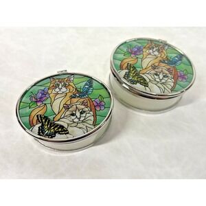 Lot of 2 Amia Studios Cat Butterfly Trinket Boxes Stained Glass Style Mirrored